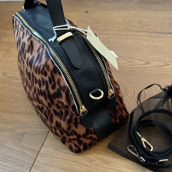 Giorgia Milani Leopard Print Calf Hair & Black Leather Satchel Purse - NWT - Picture 7 of 15